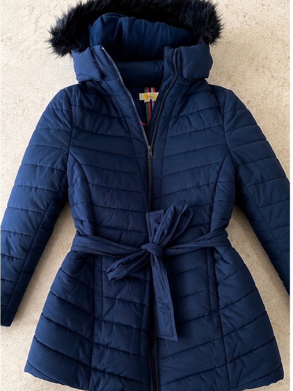 Boden Navy Quilted Belted Puffer Coat with Faux Fur Trim